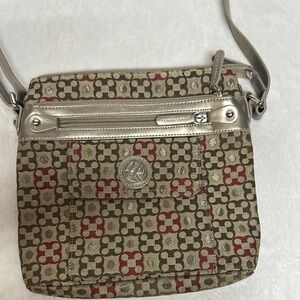 Kim Rogers Brown and Red Crossbody Bag with Geometric Pattern